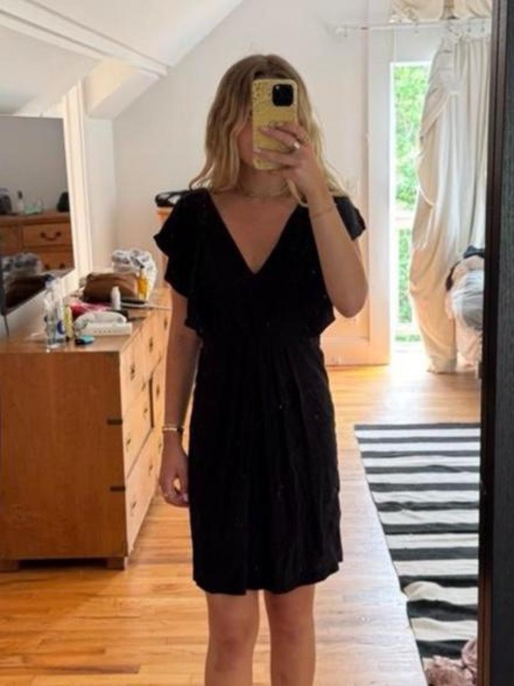Barneys New York Black V-Neck Mini Dress with Flutter Sleeves